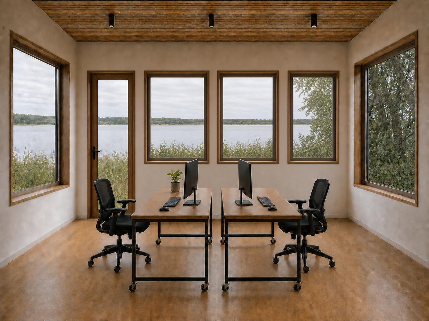 Heller Büroraum mit drei Schreibtischen an einer Fensterfront, Blick auf einen See, Schilf und Bäume, warme Holzdecke und -boden